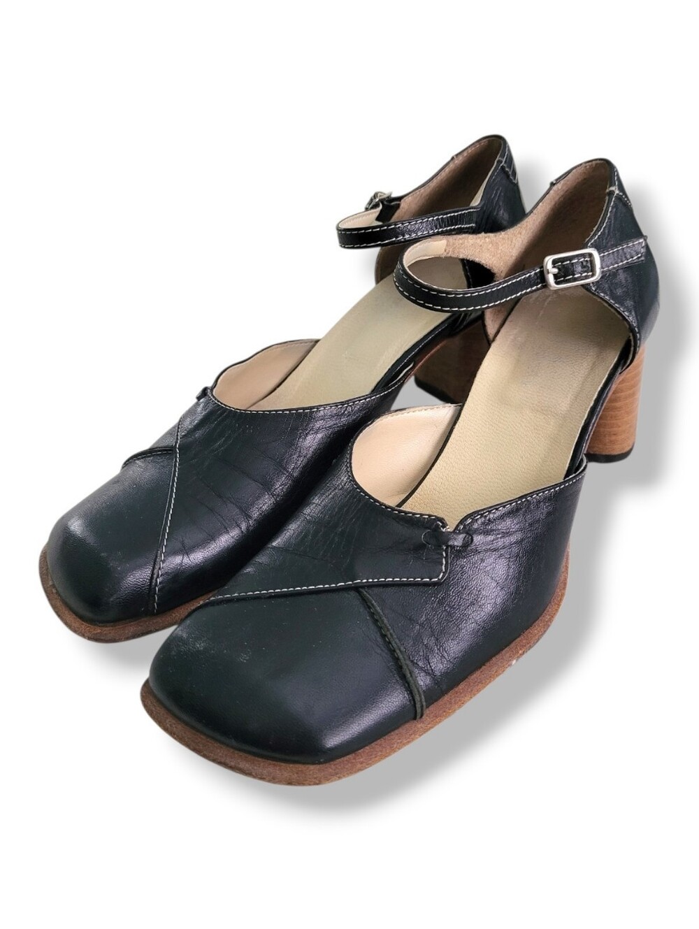 Vintage 90s Y2K BATA Black Leather D'Orsay Block Heels